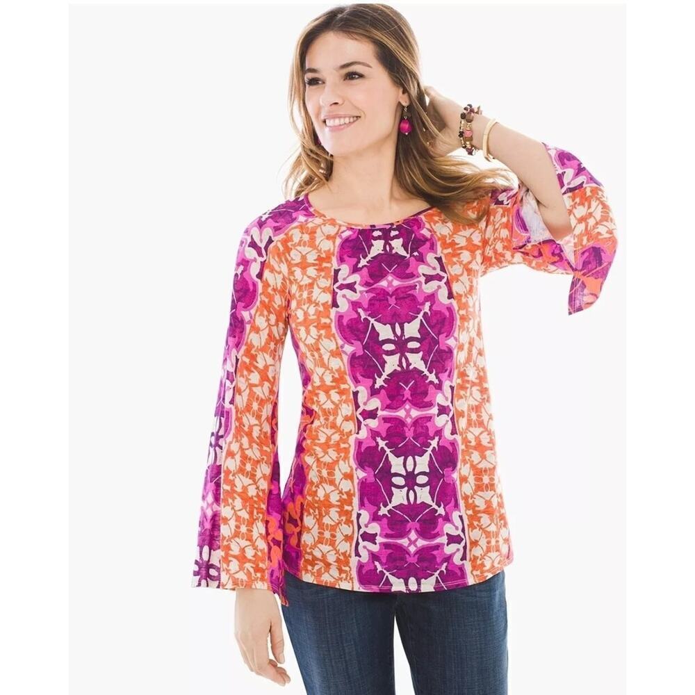 CHICO's Mystic Batik Orange Magenta Purple Boho Print Flare Sleeve Top Size 3